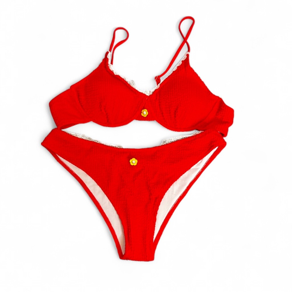 🐞Red Lace Edge Push Up Bikini - Size Large